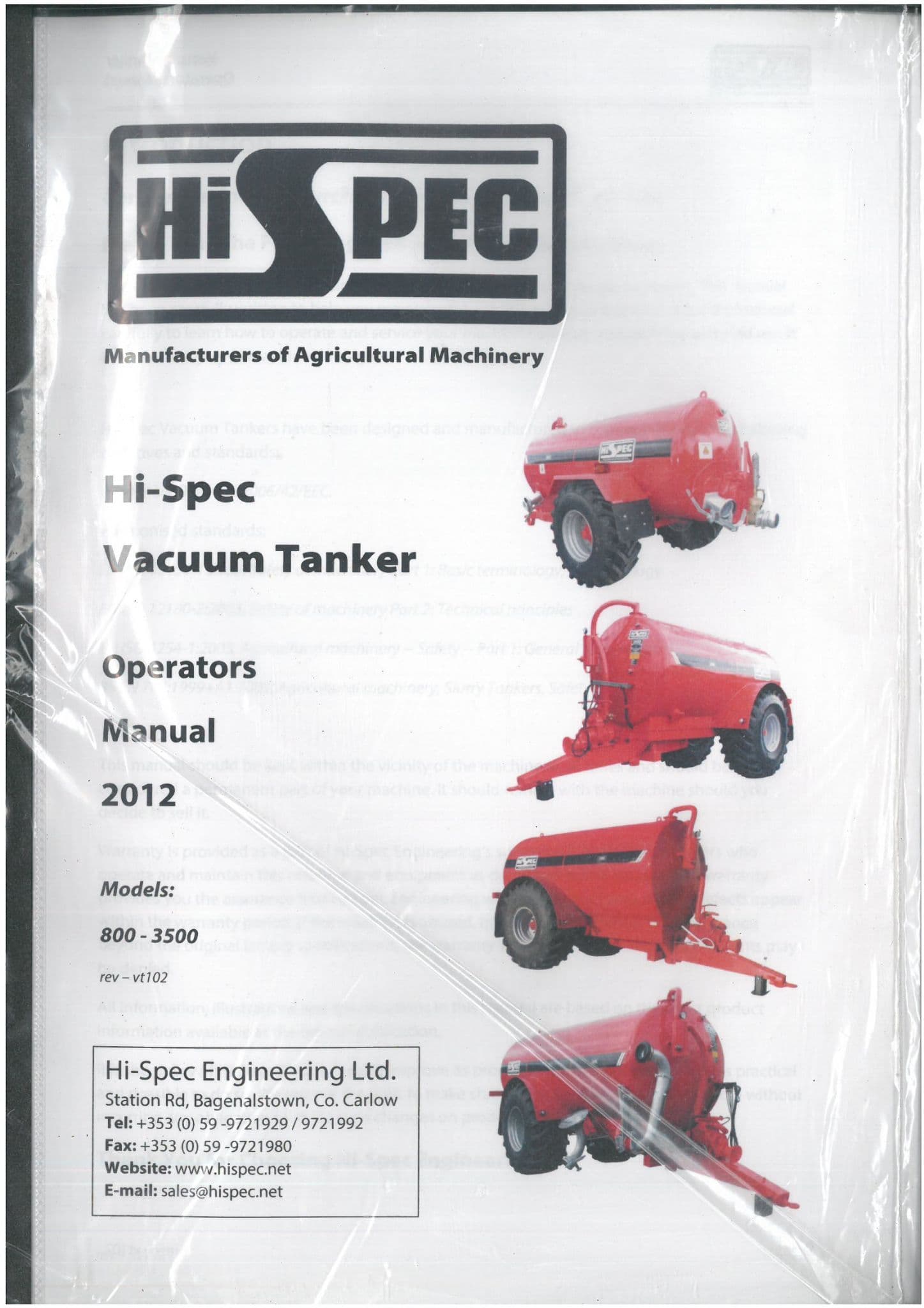 HiSPEC Slurry Tanker 800 1000 1150 1350 1600 2000 2300 2500 3000 3500 4000 Operators & Parts Manual