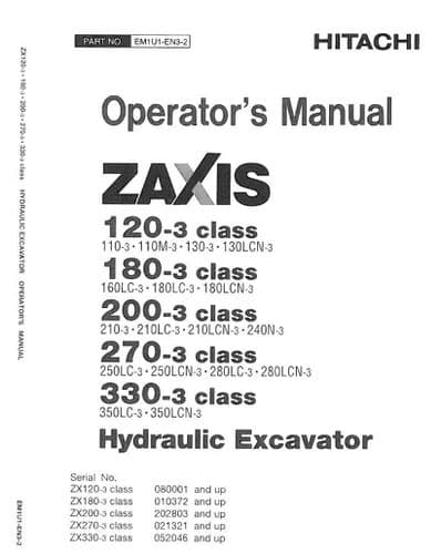 Hitachi Hydraulic  Excavator Zaxis 120-3 180-3 200-3 270-3 330-3 Operator Manual