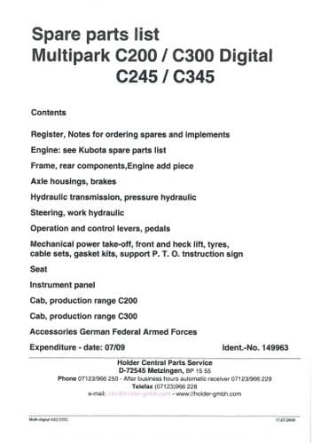 Holder Multipark C220 C230 C340 C2.34 C2.42 C330 C340 C3.42 Parts Manual