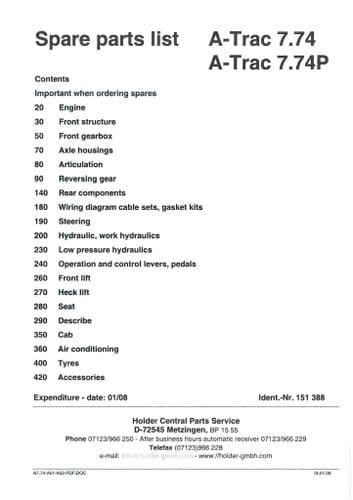 Holder Tractor A7.74 Parts Manual