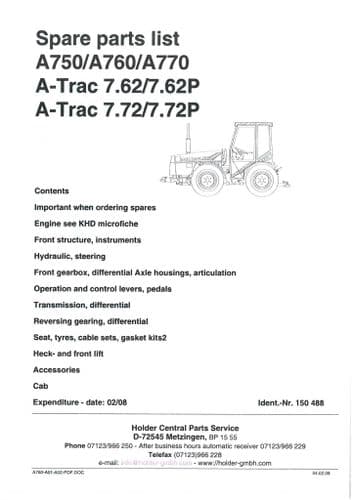 Holder Tractor A750 A760 A770 A-Trac 7.62 7.62P 7.72 7.72P Parts Manual