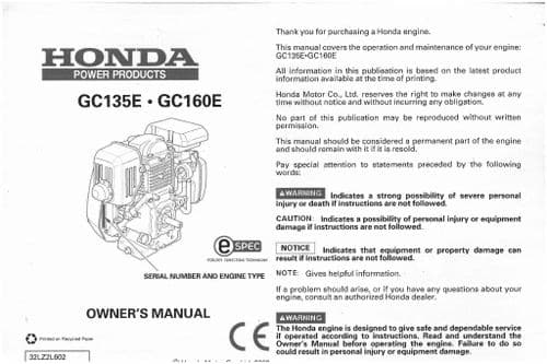 Honda Engine GC135E GC160E Operators Manual