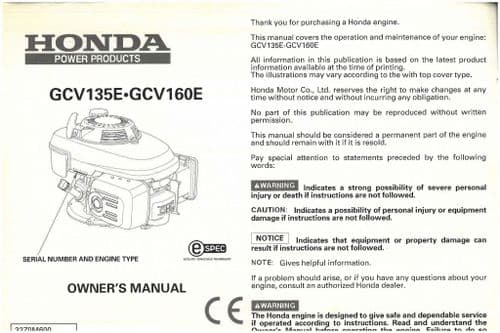 Honda Engine GCV135E GCV160E Operators Manual