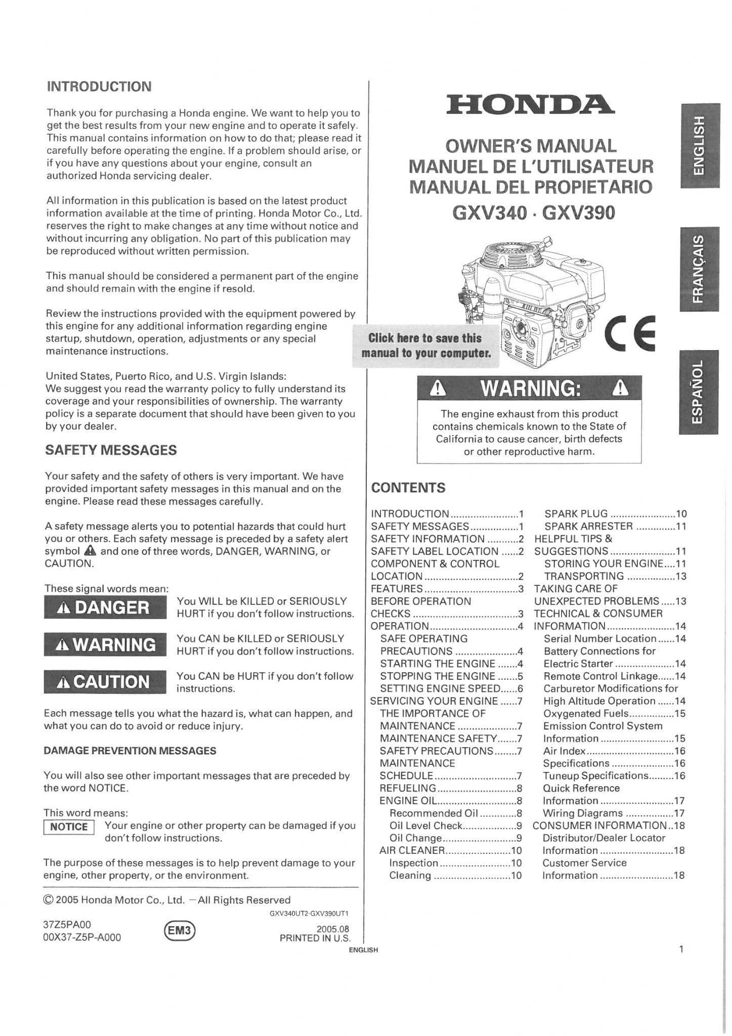 Honda Engine GXV340 GXV390 Operators Manual