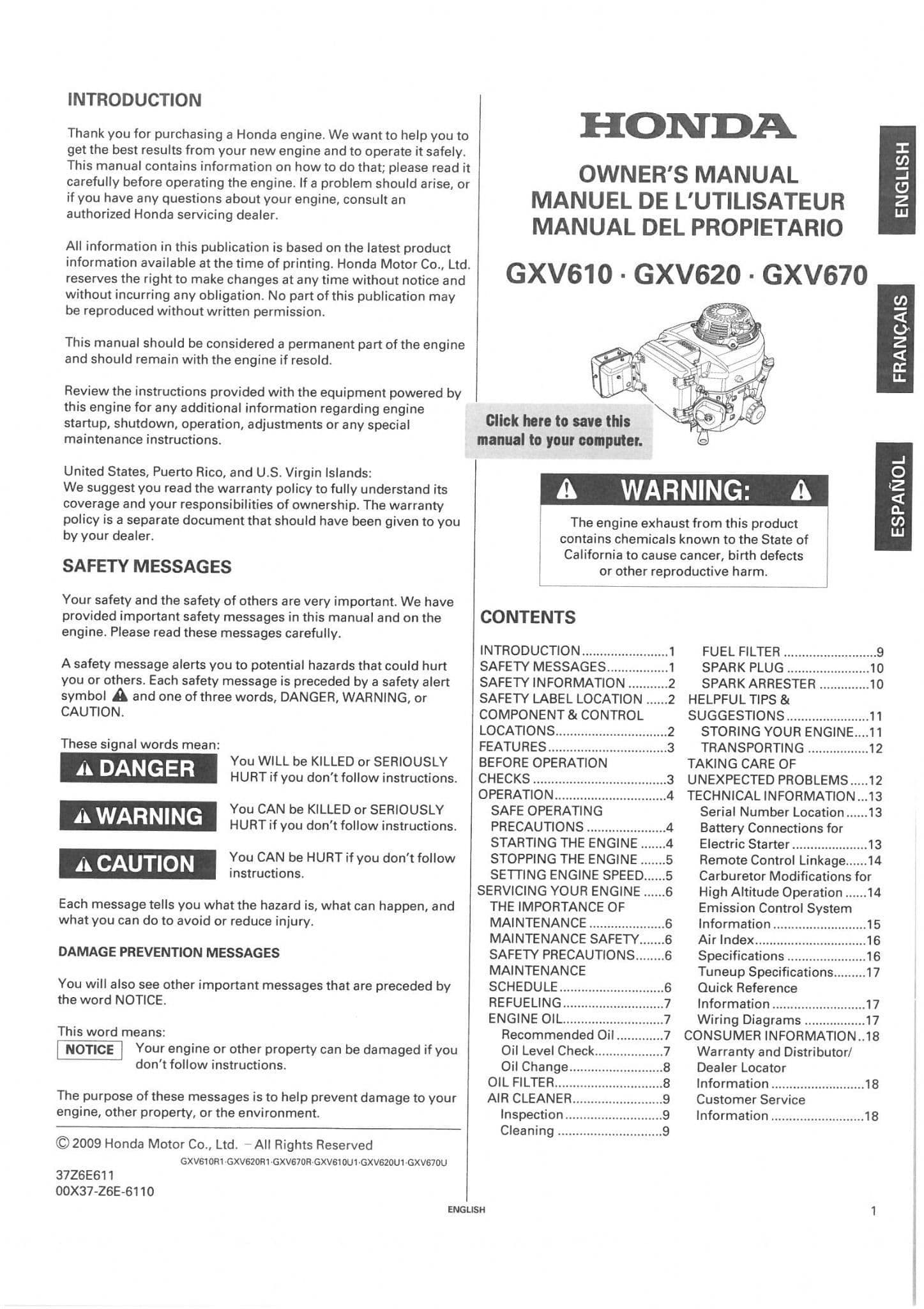 Honda Engine GXV610 GXV620 GXV670 Operators Manual