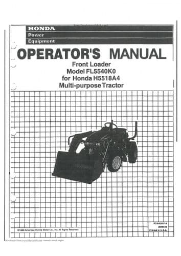 Honda Front Loader Model FL5540K0 for Honda H5518A4 Multi Purpose Tractor Operators Manual
