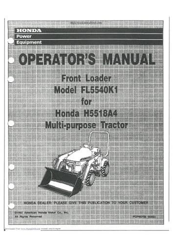 Honda Front Loader Model FL5540K1 for Honda H5518A4 Multi Purpose Tractor Operators Manual