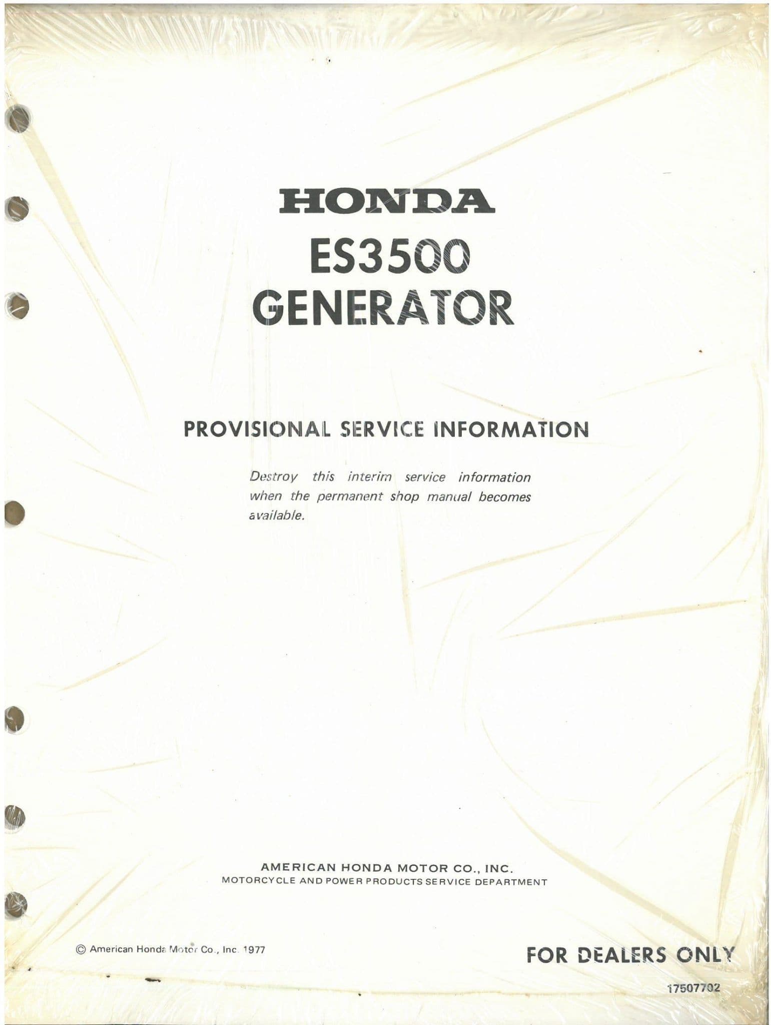 Manuel de réparation atelier générateur Honda E3500 ES3500 Manuel de réparation atelier générateur Honda E3500 ES3500