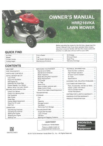 Honda Lawn Mower HRR216VKA Operators Manual