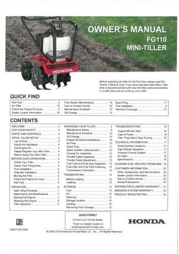 Honda Mini Tiller FG110 Operators Manual FG 110