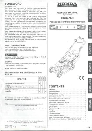 Honda Pedestrian Lawn Mower HRX476 Operators Manual