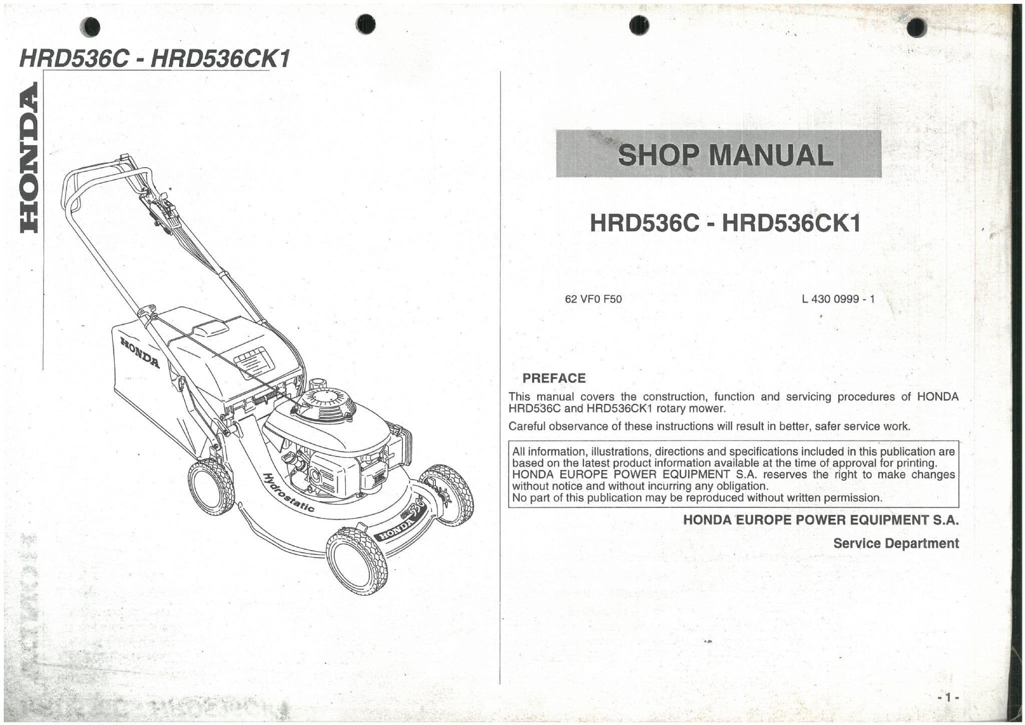 Honda Rotary Mower HRD536C & HRD536CK1 Workshop Service Repair Manual