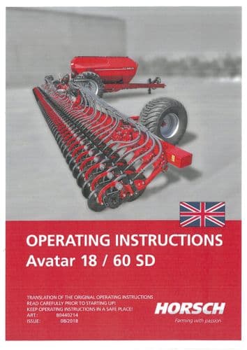 Horsch Disc Seed Drill Avatar 18SD 60SD Operators Manual