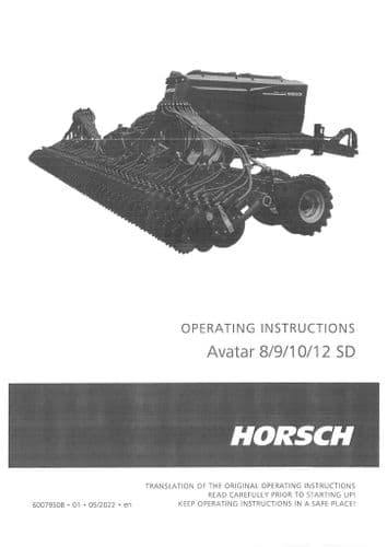Horsch Seed Drill Avatar 8SD 9SD 10SD 12SD Operators Manual