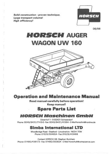 Horsch Seed Wagon Auger Wagon UW160 Operators Manual and Spare Parts List