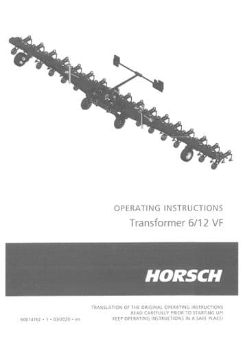 Horsch Weed Control Machine Transformer 6VF 12VF Operators Manual