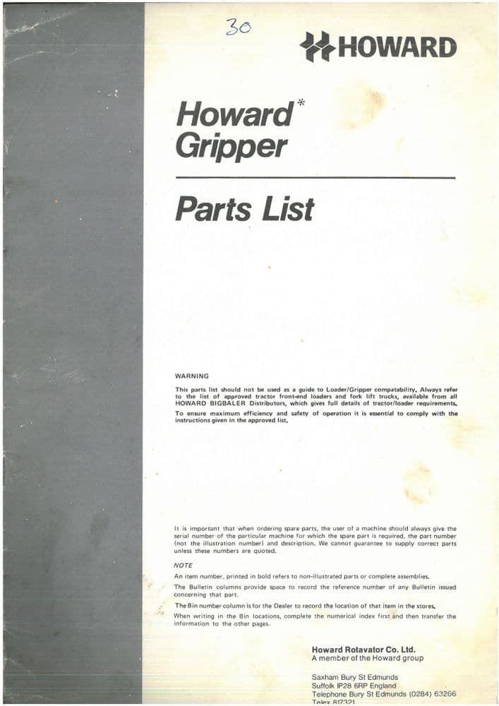 Howard Loader Howard Bale Gripper/Loader Parts Manual