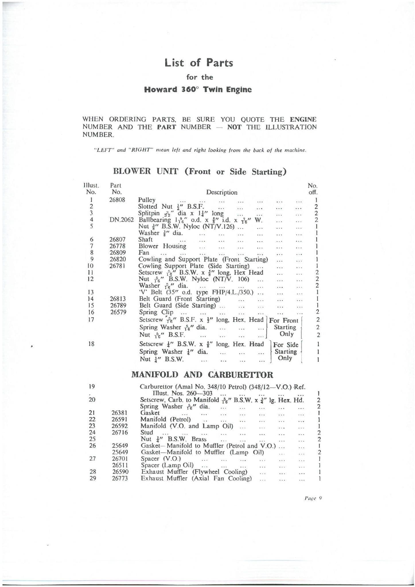 Howard Engine Twin Cylinder 360 810cc Parts Manual