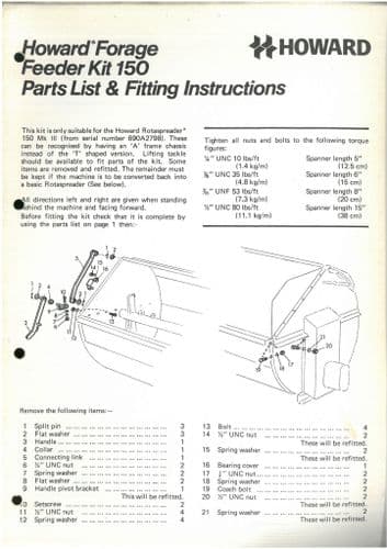 Howard Forage Feeder Kit for the Rotaspreader 150 Mk III Parts Manual and Fitting Instructions