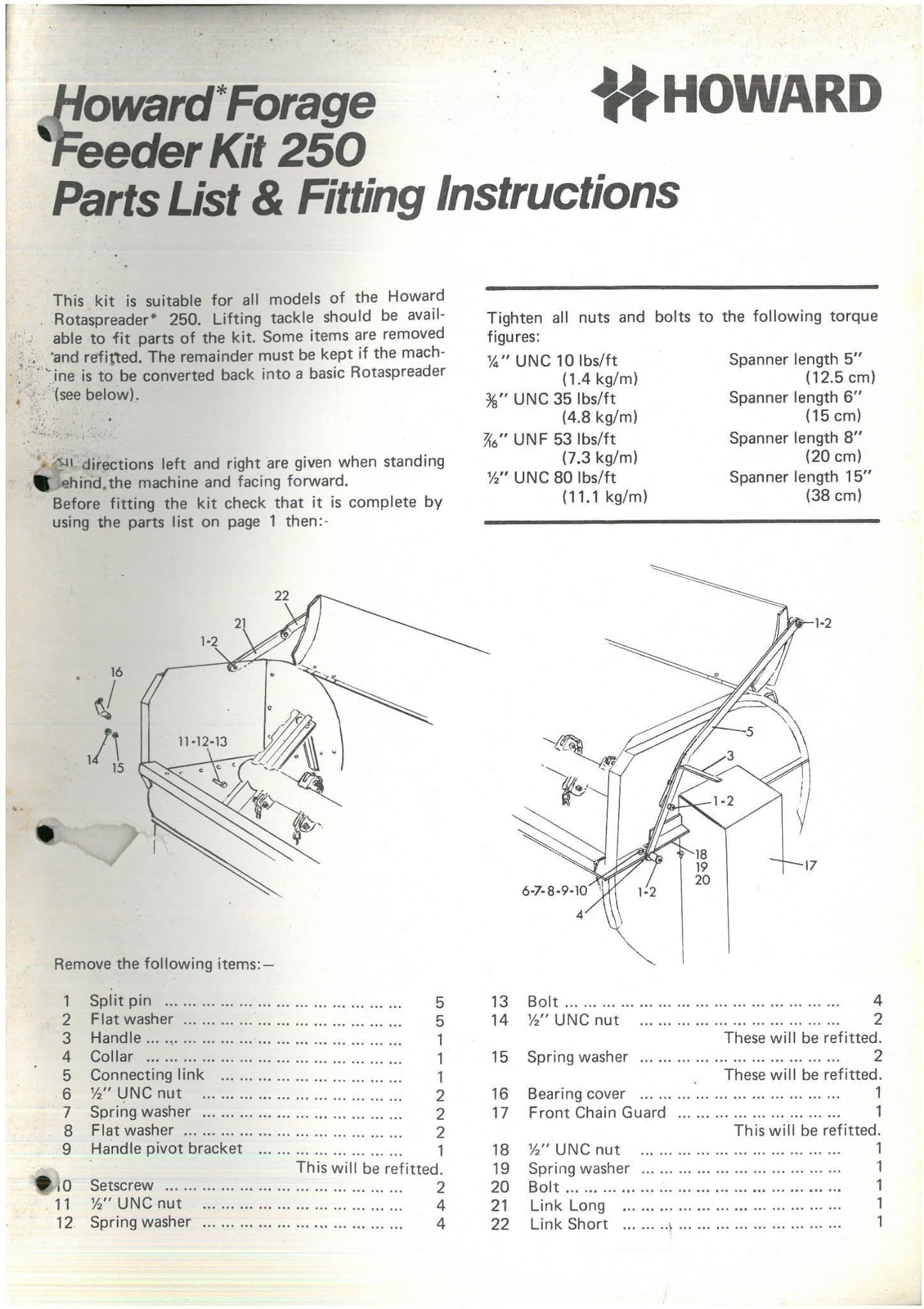 Howard Forage Feeder Kit for the Rotaspreader 250 Parts Manual and Fitting Instructions