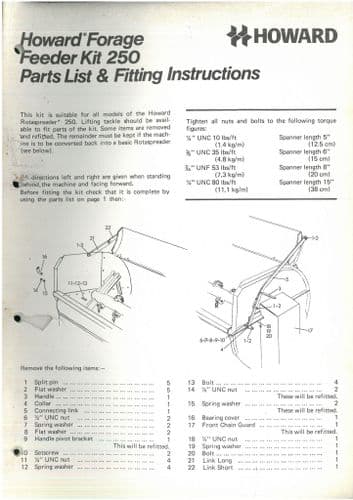 Howard Forage Feeder Kit for the Rotaspreader 250 Parts Manual and Fitting Instructions