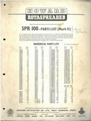Howard Rotaspreader SPR100 Mk II Parts Manual - SPR 100 Mark II
