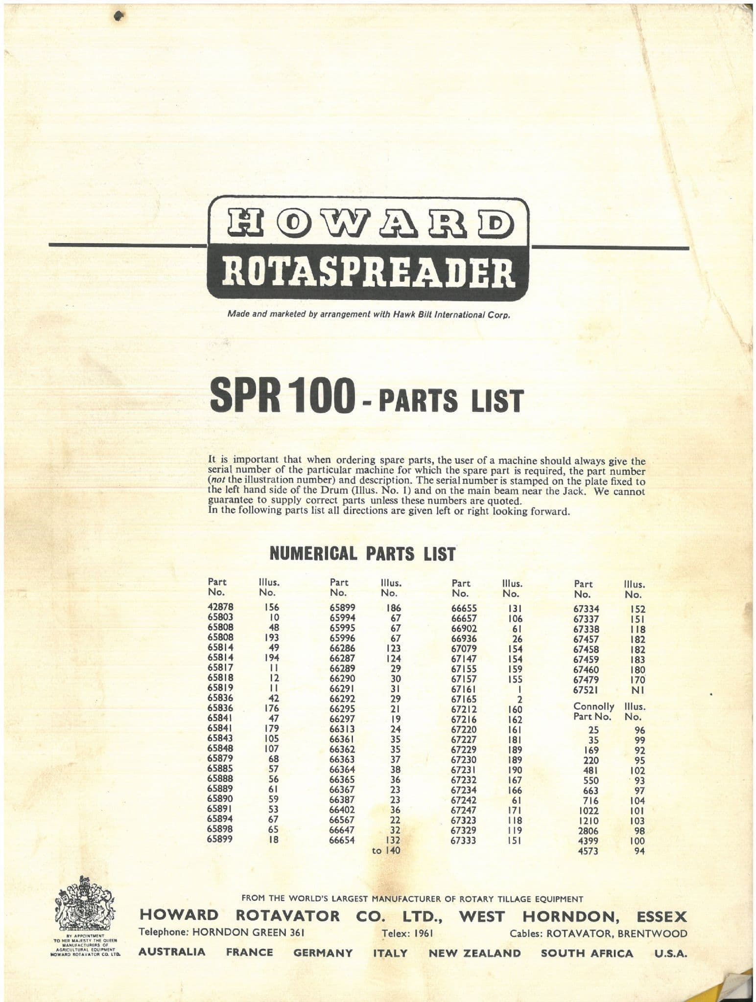 Howard Rotaspreader SPR100 Parts Manual - SPR 100