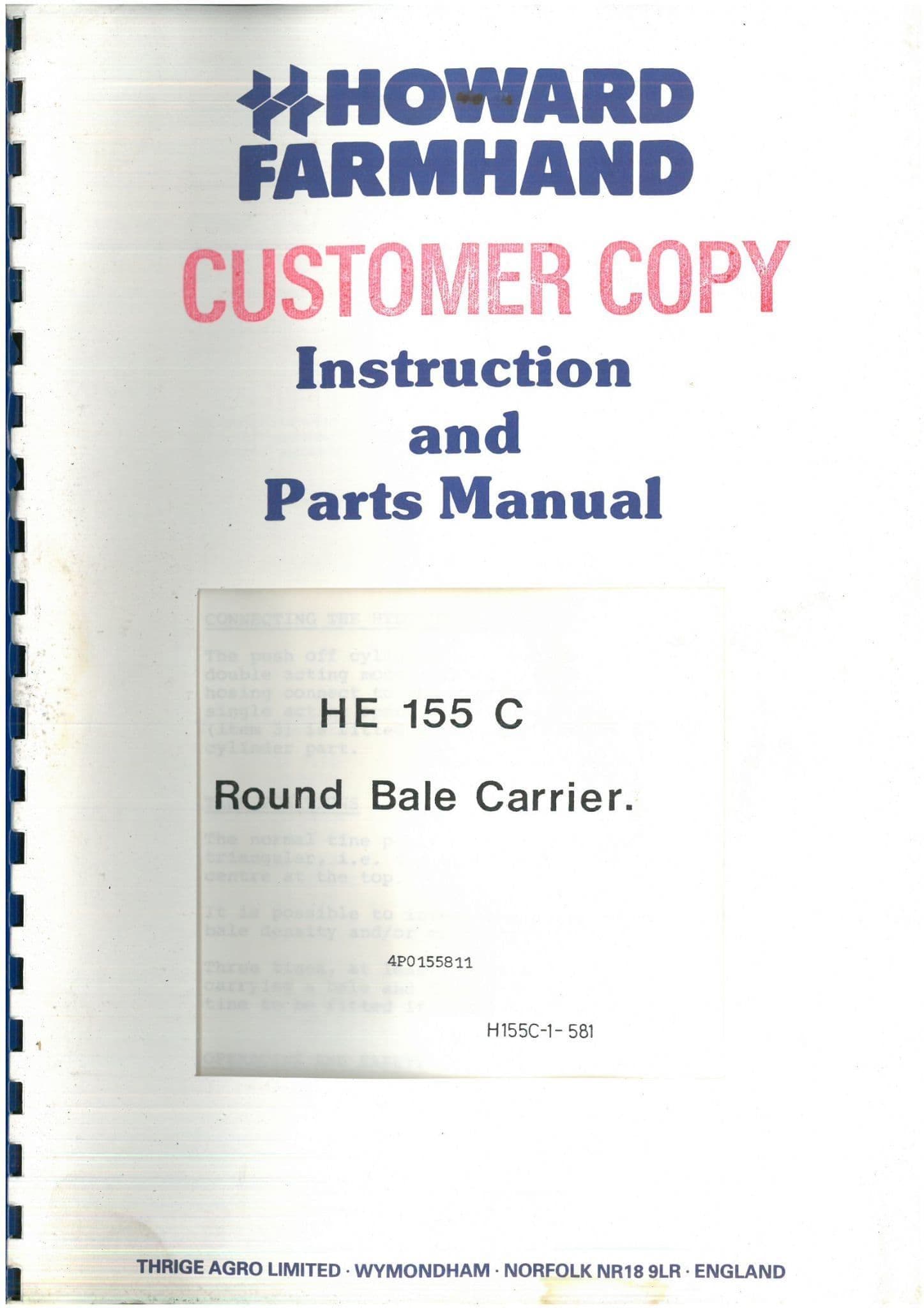 Howard Round Bale Carrier HE155C Operators Manual and Spare Parts List