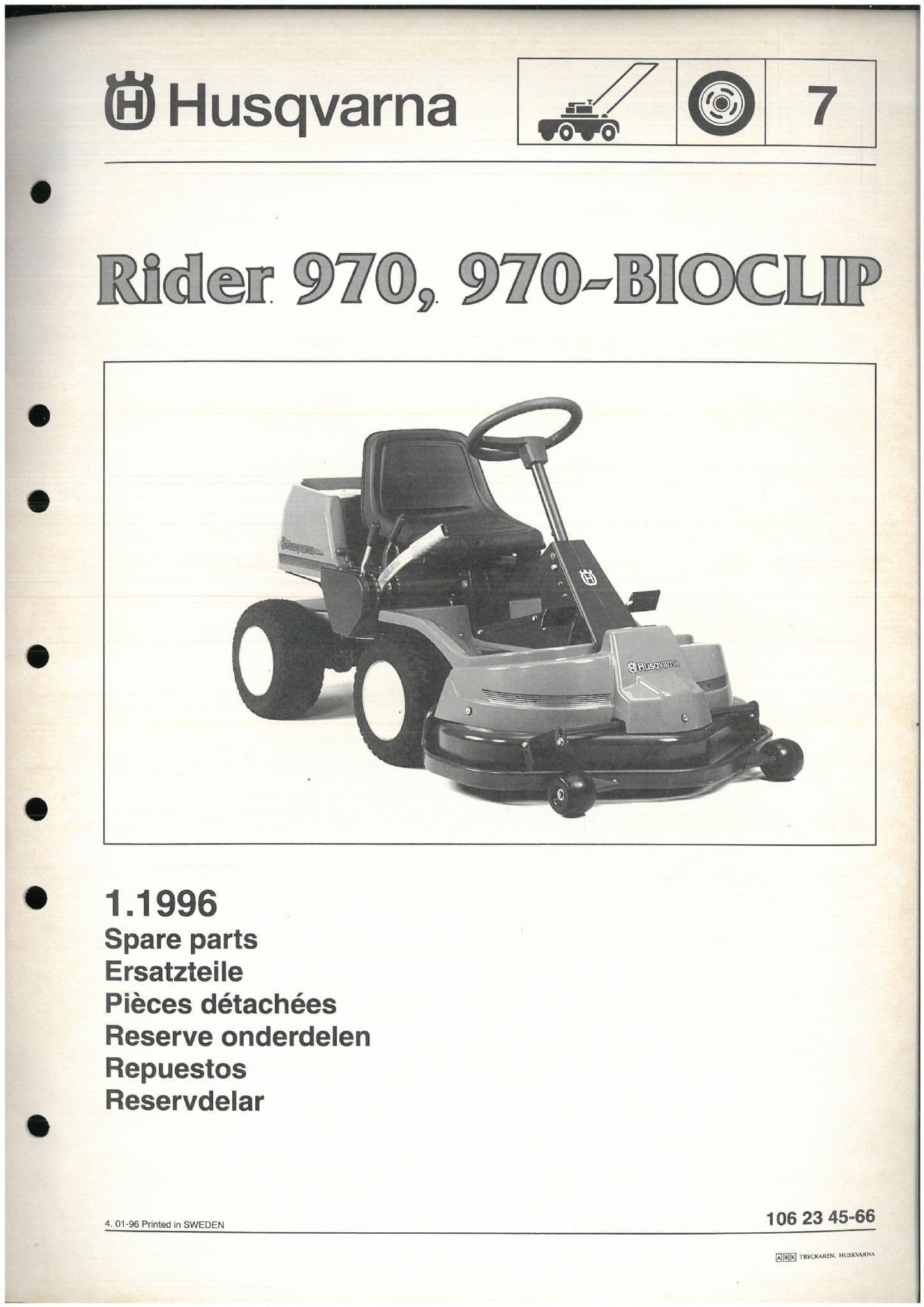 Husqvarna Ride on Garden Tractor Mower Rider 970 970-BIOCLIP Parts Manual