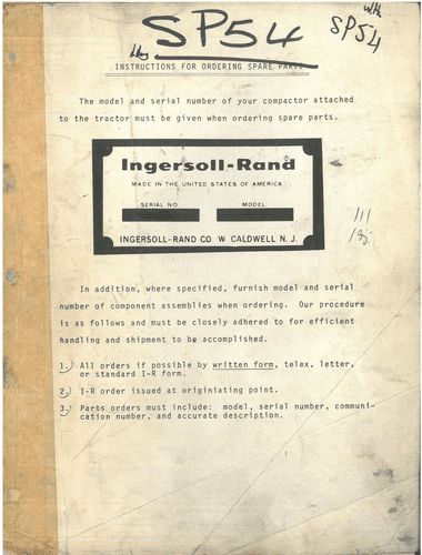 Ingersoll Rand Compactor SP54 Parts Manual - SP 54