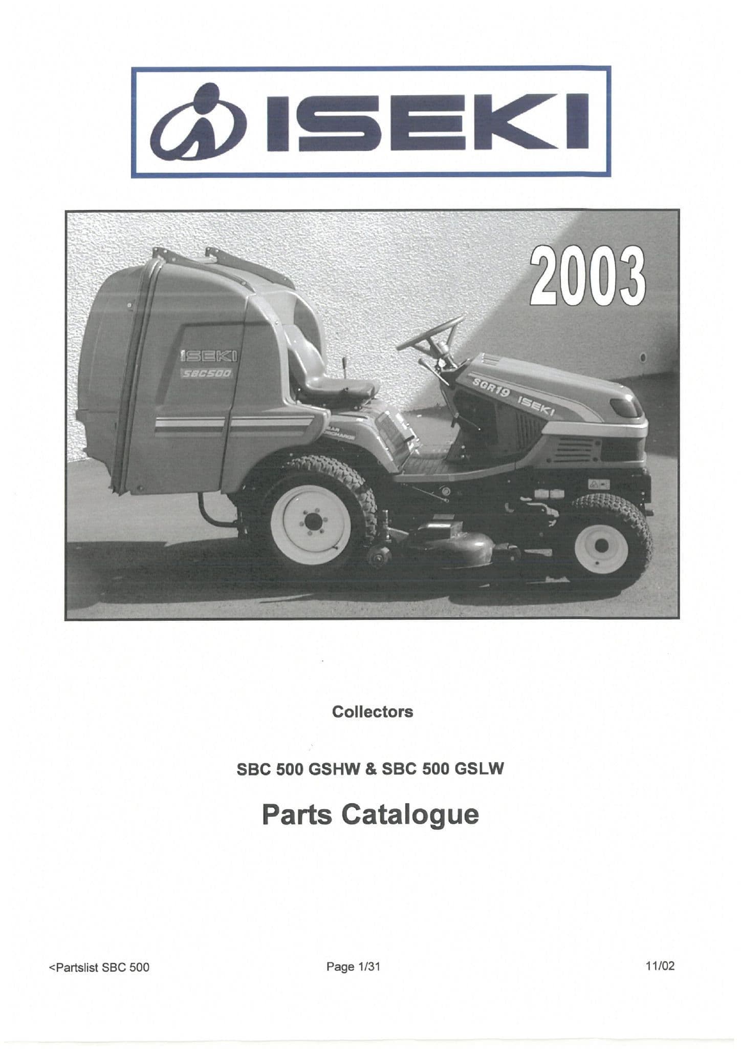 Iseki Grass Collector SBC500GSHW & SBC500GSLW Parts Manual