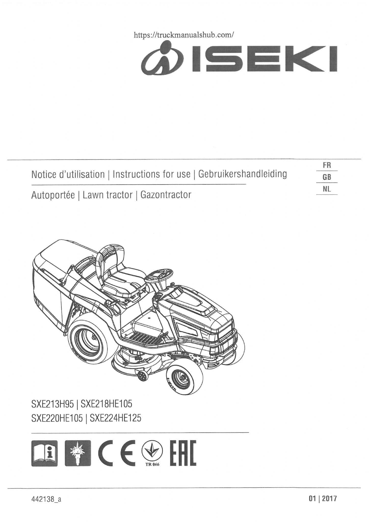 Iseki Ride on Lawn Tractor SXE213H95 SXE218HE105 SXE220HE105 SXE224HE125 Operators Manual