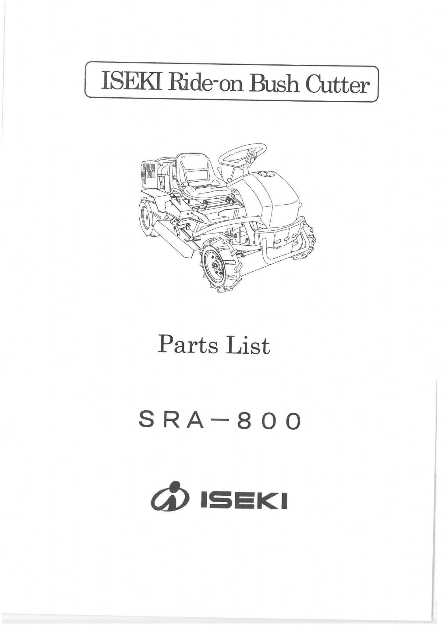Iseki Ride on Mower Bush Cutter Tractor SRA800 Parts Manual
