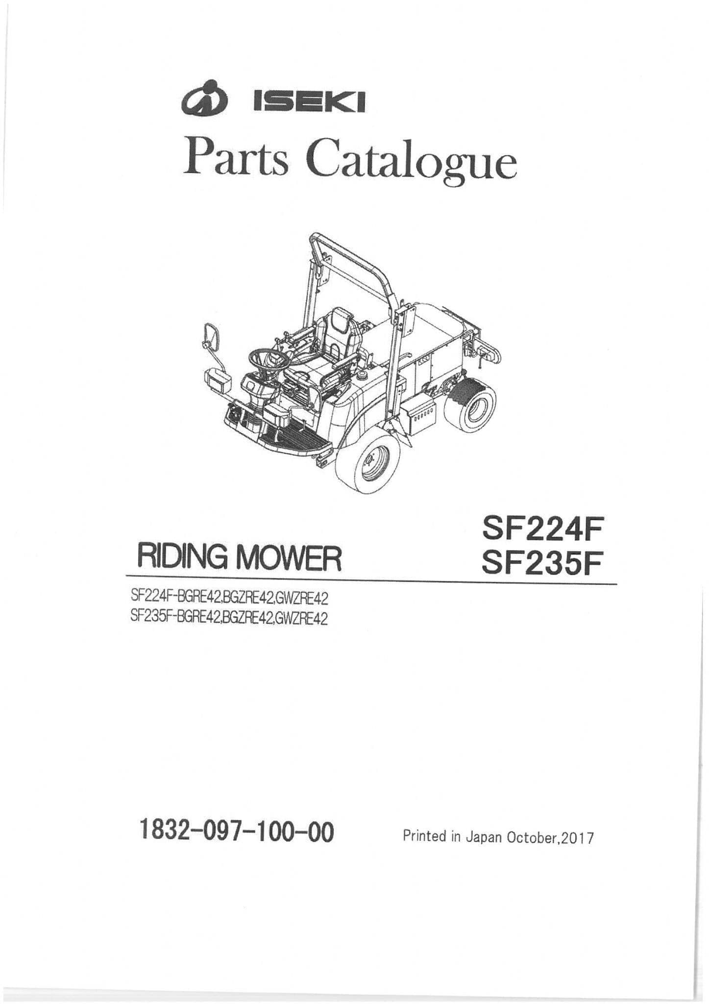 Iseki Ride on Mower Tractor SF224F SF235F Parts Manual