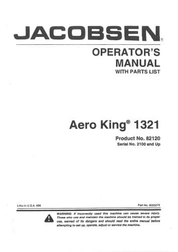 Jacobsen Aero King 1321 Operators Manual And Spare Parts List