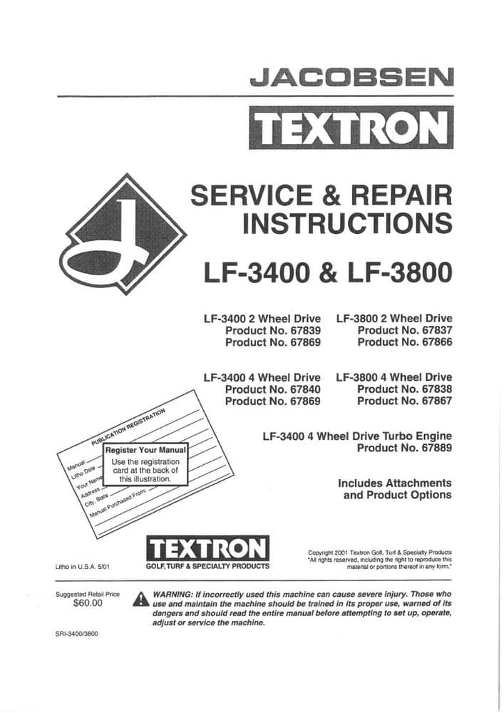 Jacobsen Fairway Mower LF3400 LF3800 Service Repair Manual
