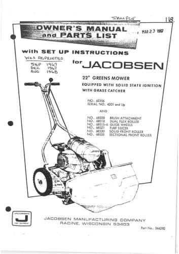 Jacobsen Green Mower 22 Inch Operators Manual And Spare Parts List - 22