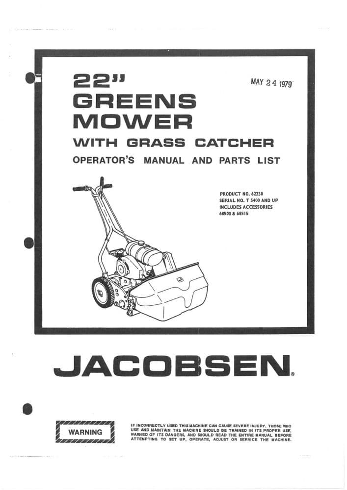 Jacobsen Green Mower 22" Operators Manual And Spare Parts List 22 Inch