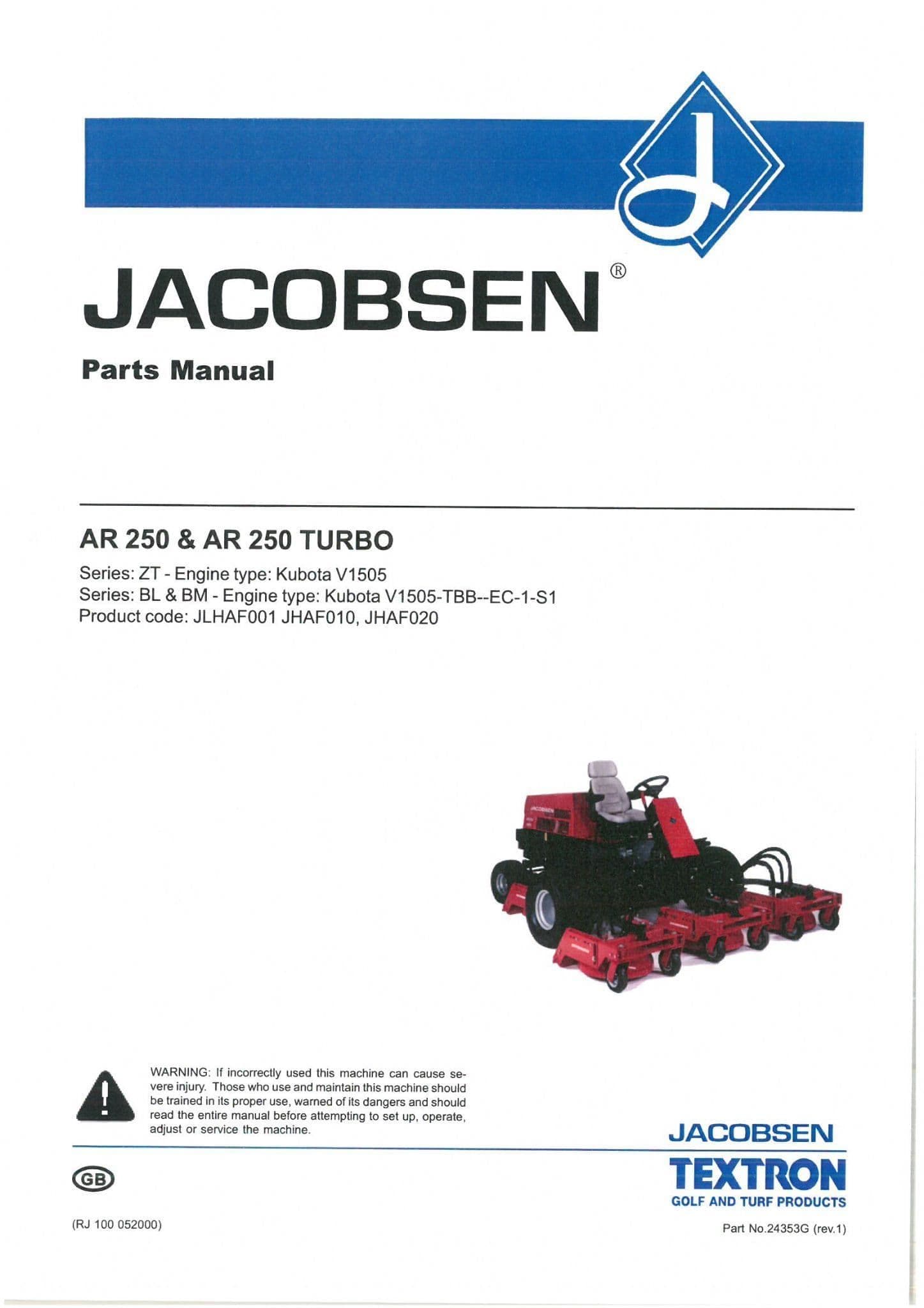 Jacobsen Mower AR250 & AR 250 Turbo Parts Manual