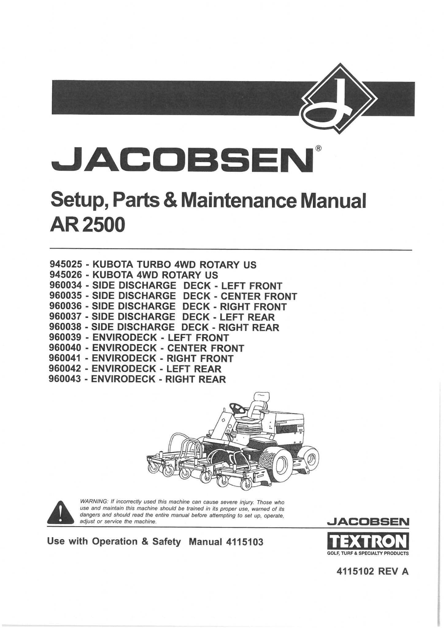 Jacobsen Mower AR2500 Turbo Operators Manual And Spare Parts List - AR 2500