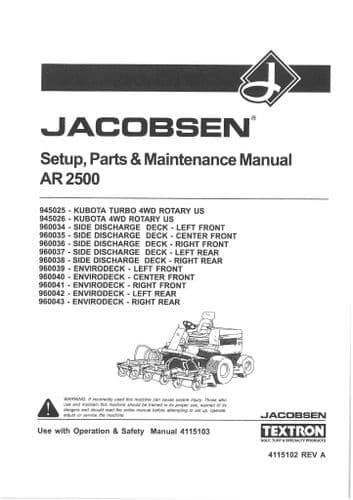 Jacobsen Mower AR2500 Turbo Operators Manual And Spare Parts List - AR 2500