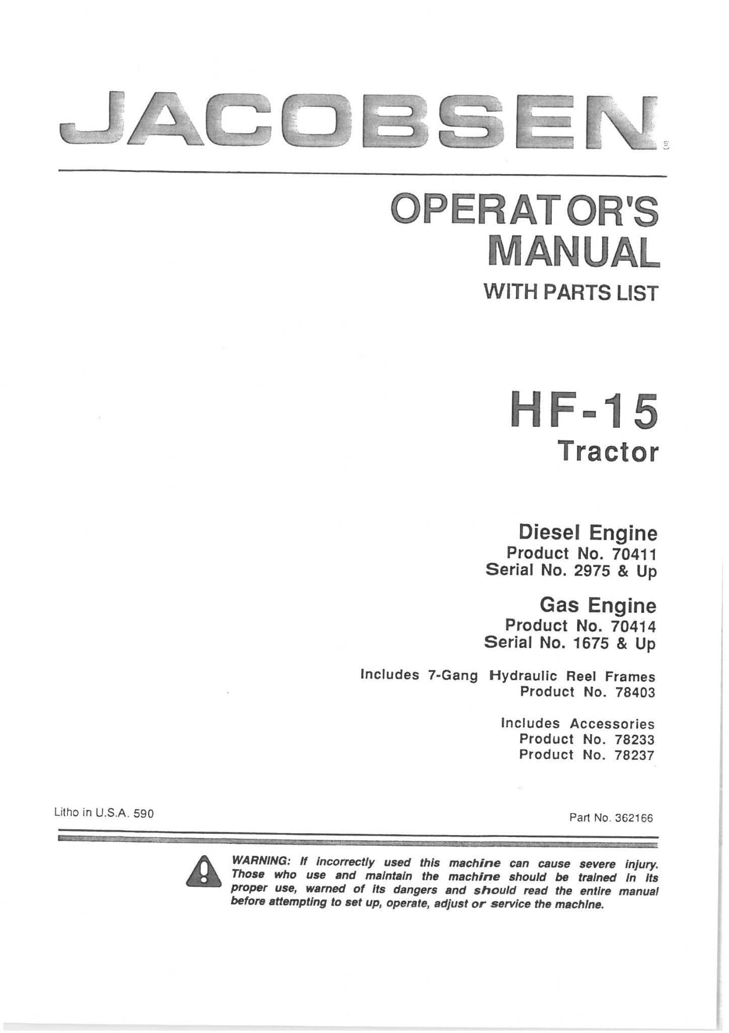 Jacobsen Tractor Mower HF15 Operators Manual And Spare Parts List HF 15