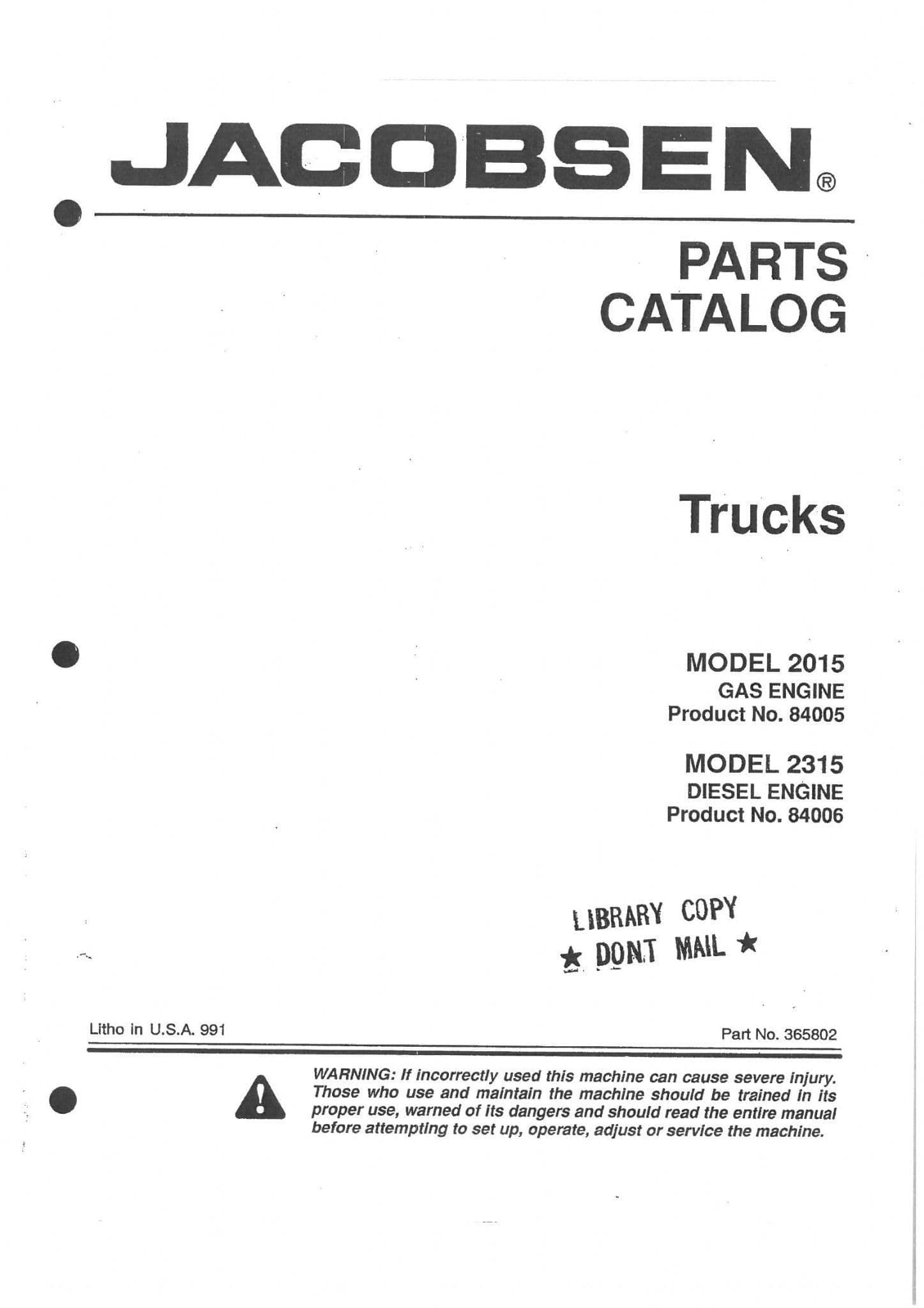 Jacobsen Truck 2015 Gas & 2315 Diesel Parts Manual