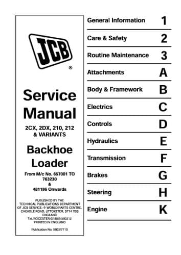 JCB Digger Backhoe Loader 2CX 2DX 210 212 & Variants Workshop  Service Manual