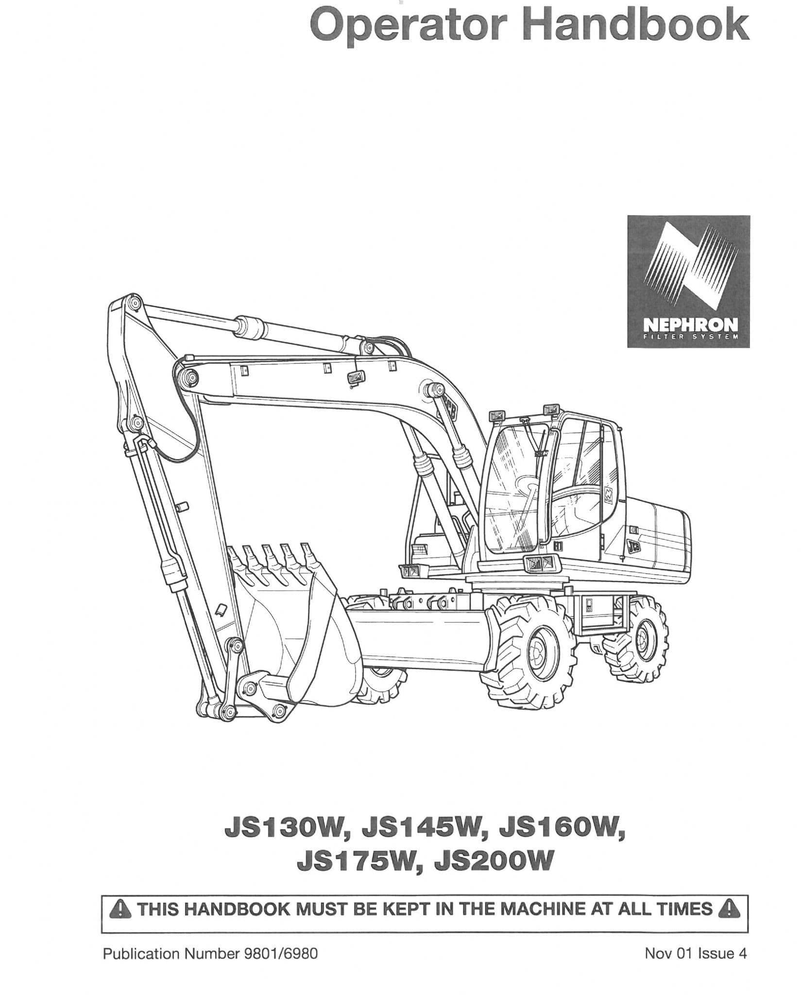 JCB Excavator Digger JS130W JS145W JS160W JS175W JS200W Operators Manual