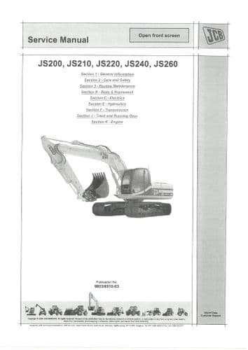 JCB Excavator JS200 JS210 JS220 JS240 JS260 Workshop Service Manual