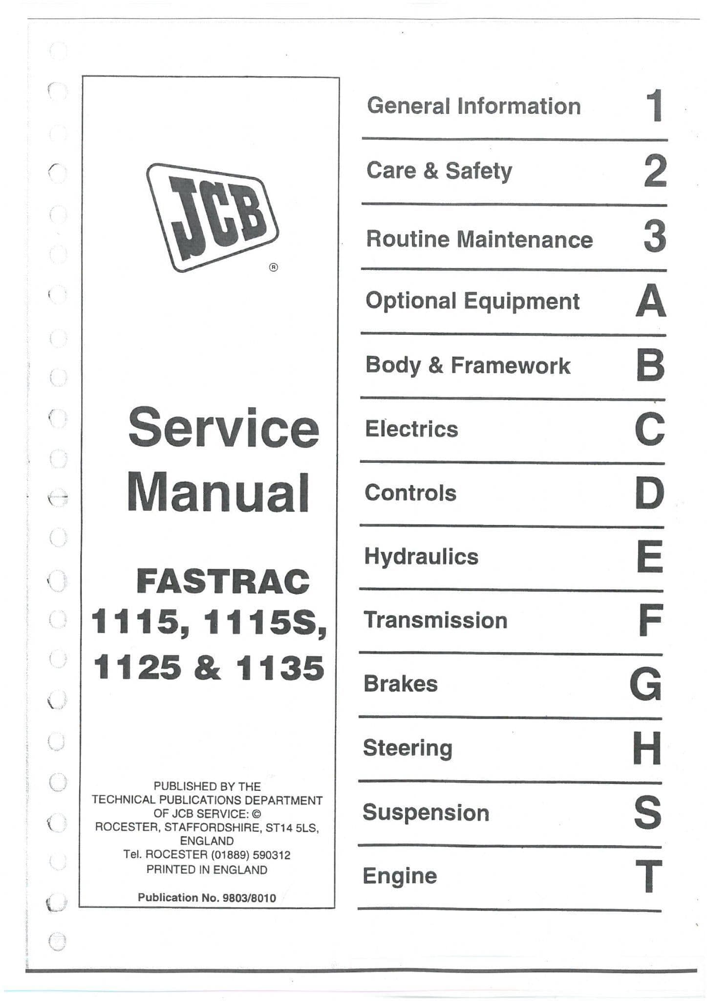 JCB Tractor Fastrac 1115 1115S 1125 1135 Service Workshop Manual