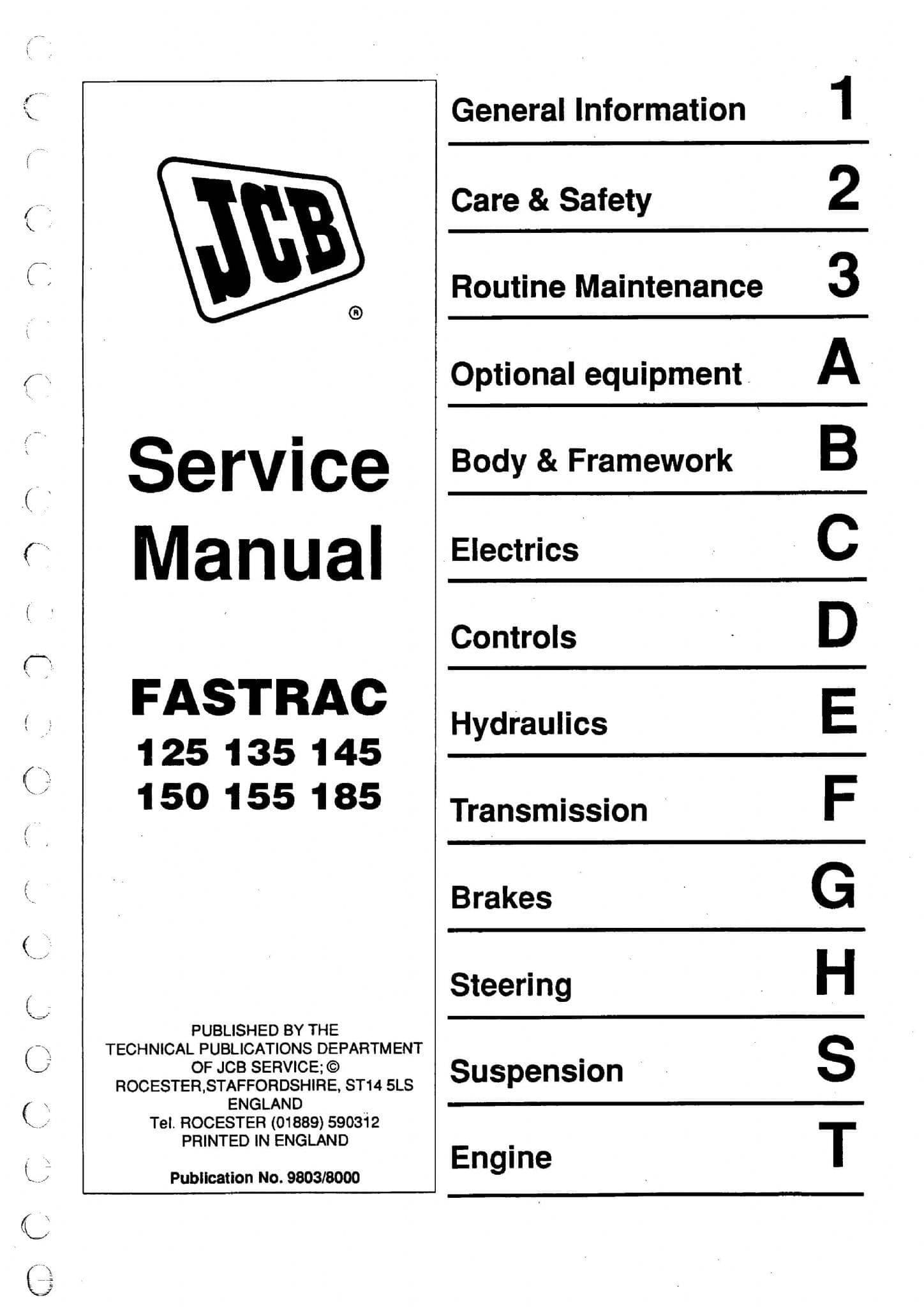 JCB Tractor Fastrac  125 135 145 150 155 185 Service Workshop Manual