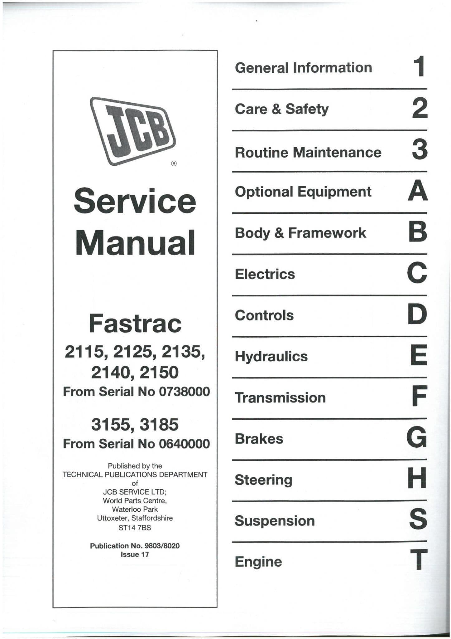 JCB Tractor Fastrac 2115 2125 2135 2140 2150 & 3155 3185 Service Workshop Manual