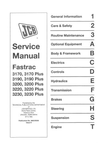 JCB Tractor Fastrac 3170 3190 3200 3220 3230 and Plus Models -  Workshop Service  Manual